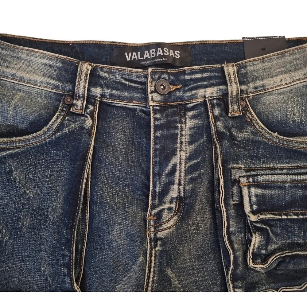 Valabasas Cargo Jeans Mens 34x36 Blue Distressed Stacked Flare Patch Pockets